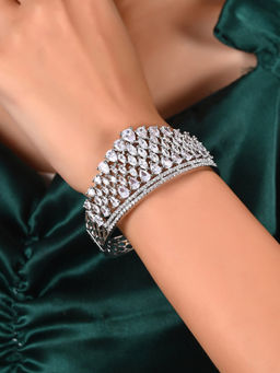 Ratnavali Jewels - Silver Plated American Diamond CZ White Openable Kada Bracelet (2.6)