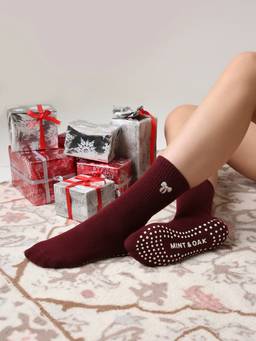 Mint & Oak - Bow Maroon Pilates Socks for Women