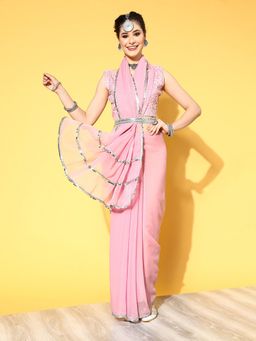Akhilam - Women's Georgette Pink Embellished Belted Sarees with Unstitched Blouse