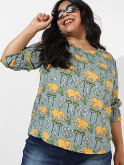 Instafab Plus - Womens Sage Green Elephant Print Top