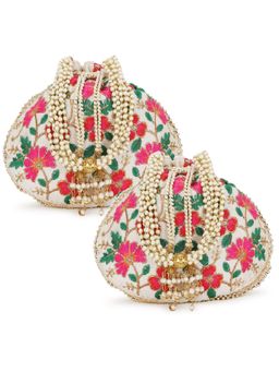 Anekaant - Dangle Cream & Multi-Color Floral Embroidered Faux Silk Potlis Combo (Pack Of 2)