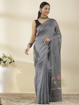 Garden VARELI - Chanderi Grey Khadi Butti Motifs Design Saree