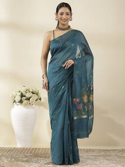 Garden VARELI - Chanderi Teal Khadi Butti Motifs Design Saree