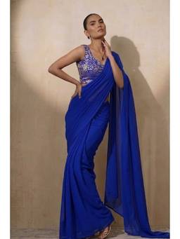 Swtantra - Women's Blue Chiffon Solid Saree