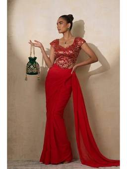 Swtantra - Women's Red Chiffon Solid Saree