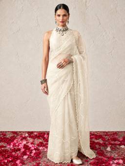 Swtantra - Women's Cream Net Embroidered Saree