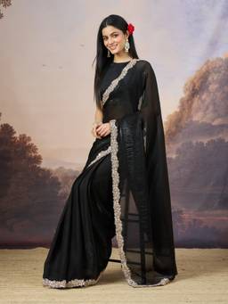 Kasee - Women's Black Satin With Embroidered Design Saree