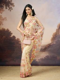 Kasee - Women's Cream Supernet With Printed Design Saree