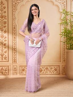 Kasee - Women's Purple Supernet With Embellished Design Saree