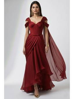 Label Simran Kochher - Women's Red Crimson Royale Pre Draped Saree