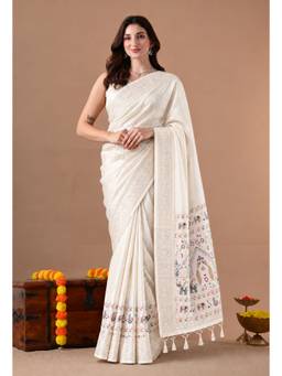 THE WEAVERS SHOP BY RAAVI - Women's Ivory Silk Blend Printed Saree