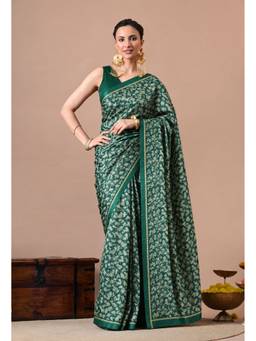 THE WEAVERS SHOP BY RAAVI - Women's Green Chiffon Printed Saree