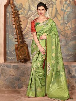 Odette - Green Printed Silk Designer Saree with Unstitched Blouse