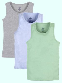KiddoPanti - Boys Cotton Solid Rib Vest Grey/Purple/Green (Pack of 3)