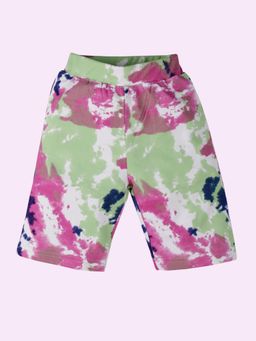 KiddoPanti - Girls Knee Length Tie & Dye All Over Printed Cycling Shorts Green/Pink