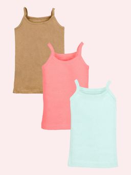 KiddoPanti - Girls Cotton Sleeveless Solid Camisole Pink/Brown/Green (Pack of 3)