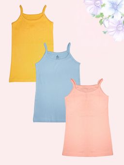 KiddoPanti - Girls Cotton Sleeveless Solid Camisole Mustard/Blue/Pink (Pack of 3)