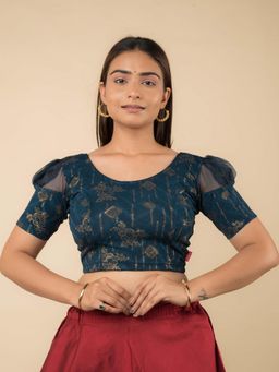 BINDIGASM'S ADVI - Mishri Organza Puff Sleeve Gold Foil Stretchable Slip On Blouse