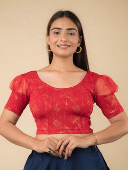 BINDIGASM'S ADVI - Mishri Organza Puff Sleeve Gold Foil Stretchable Slip On Blouse