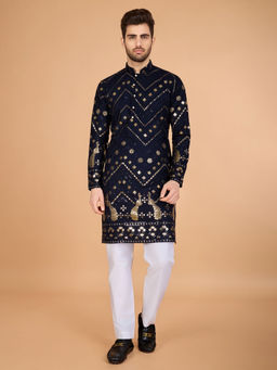 Odette - Navy Blue Viscose Rayon Embroidered Kurta