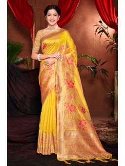 Sangam Prints - Yellow Silk Woven Zari Work Traditional Tassel Saree with Unstitched Blouse