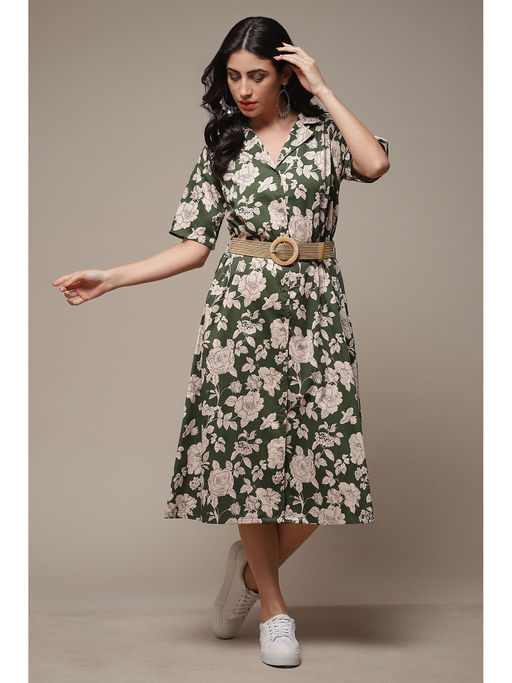 Buy Biba Womens Forest Green Printed Satin Straight Dress (Set of 2) Online