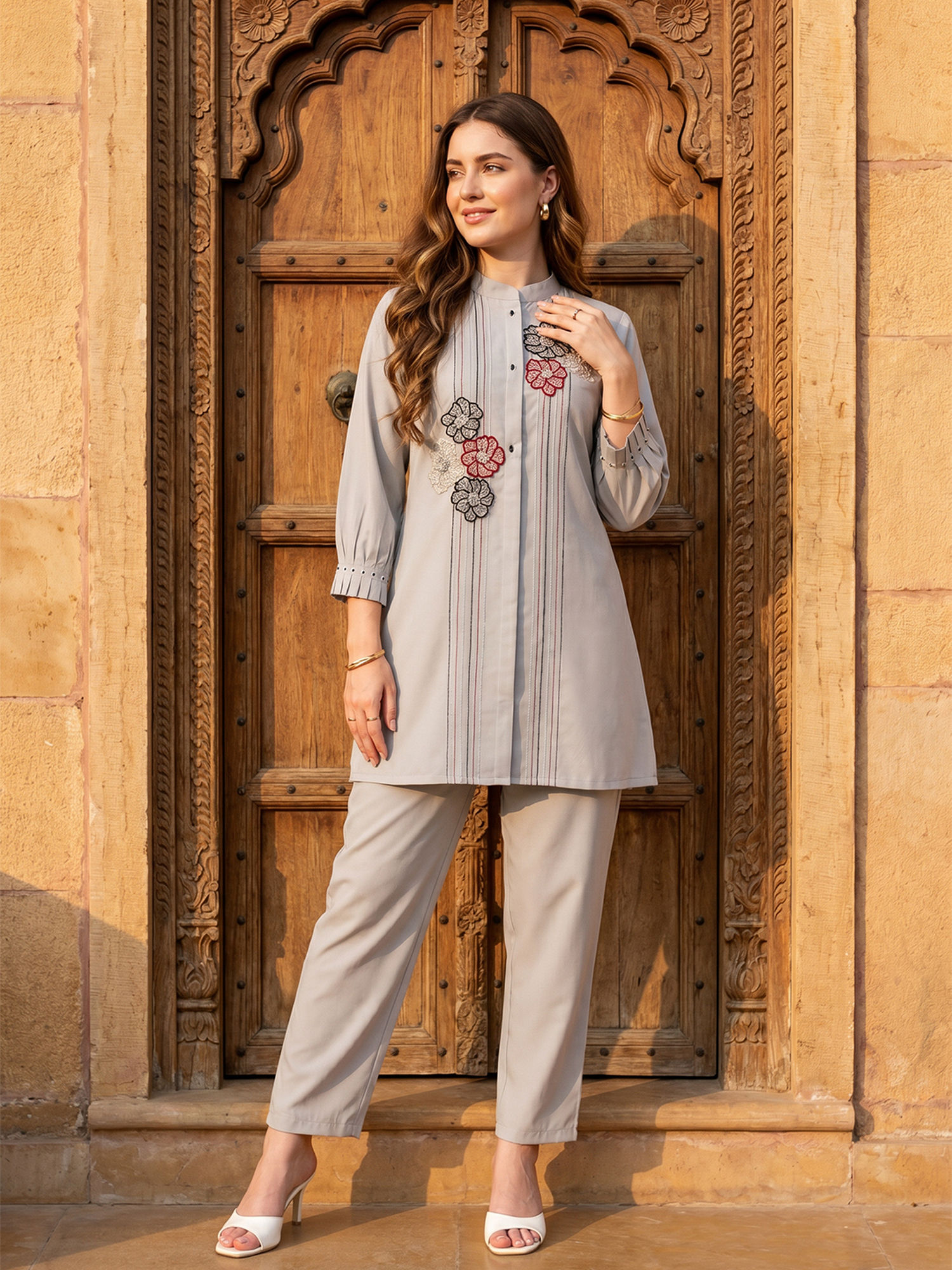 zummer Women's Pure Cotton Embroidered Grey Co-Ord Set-picture-12