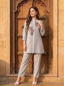 ZUMMER - Women's Pure Cotton Embroidered Grey Co-Ord Set