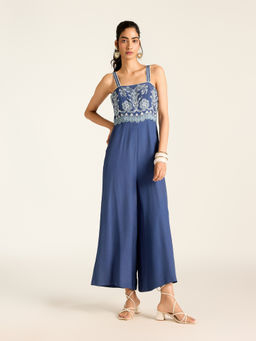 Label Ritu Kumar - Navy Sleeveless Embroidered Jumpsuit
