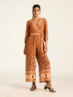 Label Ritu Kumar - Brown V Neck Printed Jumpsuit With Belt