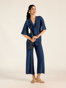 Label Ritu Kumar - Navy V-Neck Half Sleeves Jumpsuit