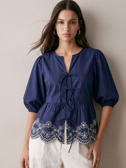 Outzidr - Women's Cotton Embroidered Blue Top