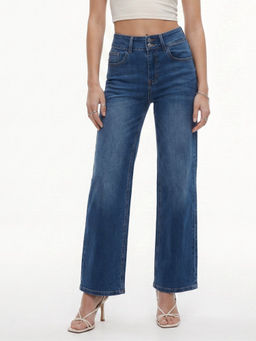 Outzidr - Navy Blue Mid Waist Straight Jeans