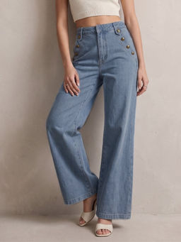 Outzidr - Blue Slant Buttoned Pocket Wide Leg Jeans