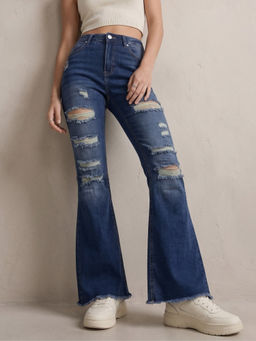Outzidr - Navy Blue Mid Waist Distressed Jeans