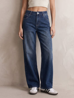 Outzidr - Navy Blue Solid Wide Leg Jeans