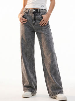 Outzidr - Grey Acid Wash Wide Leg Denim Jeans