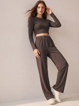 Outzidr - Women's Polyester Blend Solid Brown Co-Ord Set