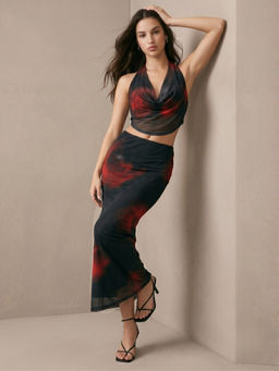 Outzidr - Women's Polyester Blend Tie & Dye Black Top With Skirt