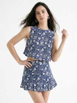 Outzidr - Women's Polyester Floral Blue Top With Skirt