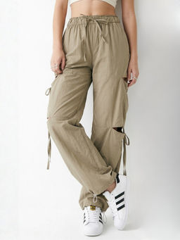 Outzidr - Beige Cut-Out Detail Trouser