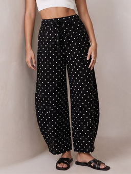 Outzidr - Black Wide Leg Polka Printed Trouser