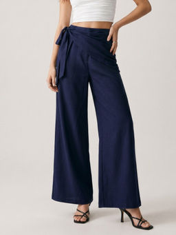 Outzidr - Navy Blue Wide Leg Wrap Trouser