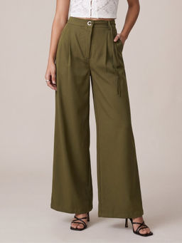 Outzidr - Olive Belted Wide Leg Trouser
