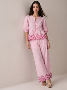 Outzidr - Women's Cotton Solid Pink Co-Ord Set