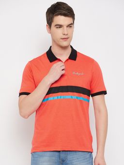 Club York - Men Orange Striper Polo Collar T-Shirt