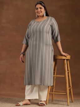Extra love by Libas - Plus Size Women Grey Woven Design Rayon Straight Kurtas for Women