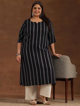 Extra love by Libas - Plus Size Women Navy Blue Striped Rayon Straight Kurtas for Women