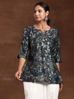 Libas - Grey Silk Blend Floral Printed A-Line Kurti