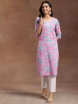 Libas - Pink Floral Printed Straight Cotton Kurta